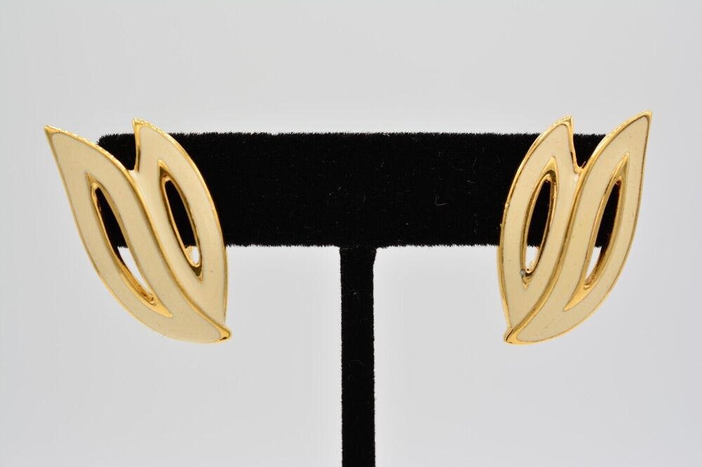 Monet Vintage Clip Earrings Off White Leaf Signed 1980s BinAF